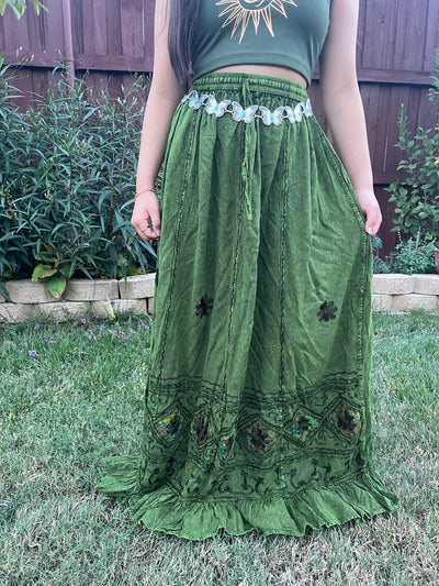 Pari Vintage Vibe Green Embroidery Maxi Skirt