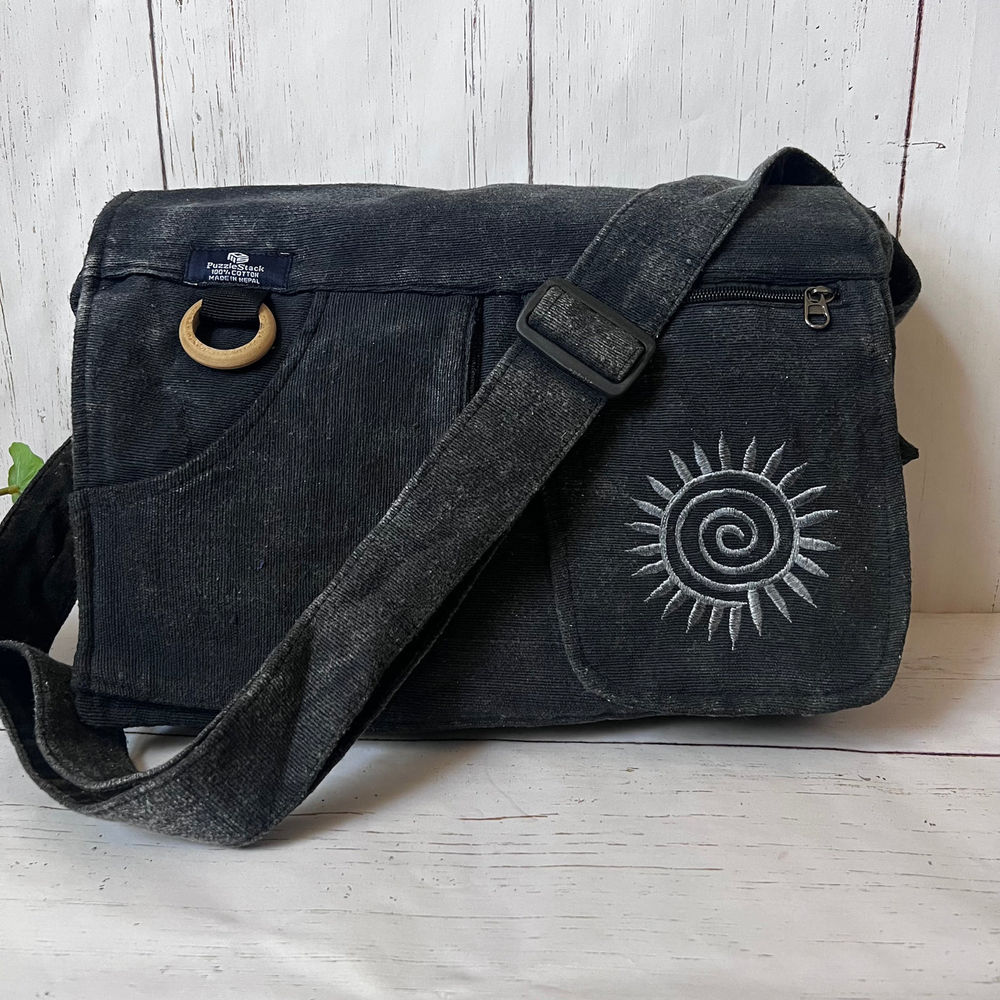 Koshi Black Stone-Washed Embroidered Laptop Messenger Bag