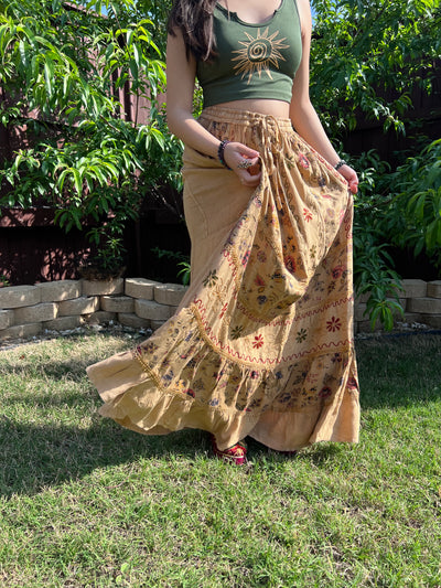 Pari Vintage Vibe Light Brown Embroidery Floral Maxi Skirt