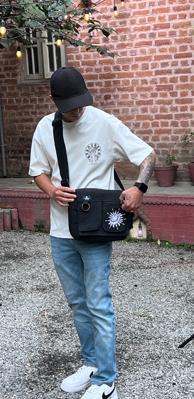 Lukla Black Embroidered Messenger Bag