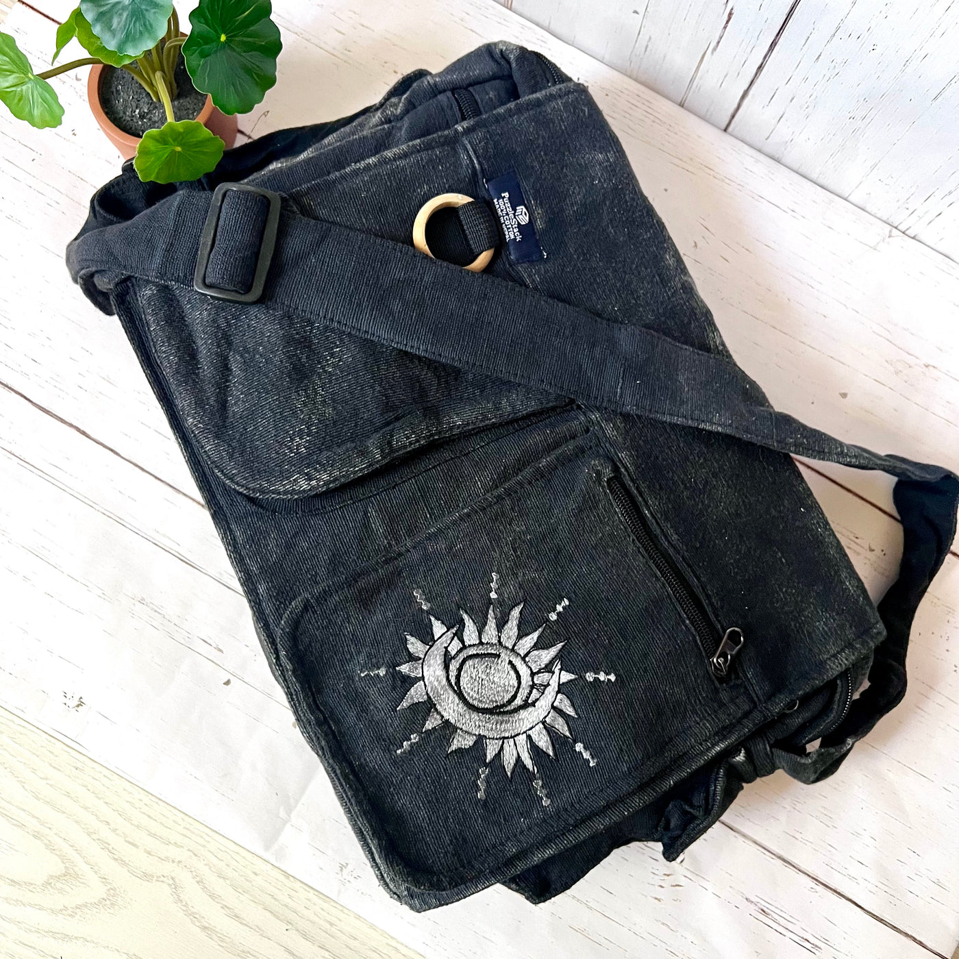 Koshi Black Stone-Washed Embroidered Laptop Messenger Bag