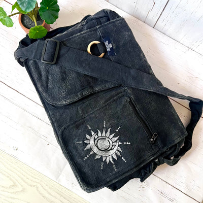 Koshi Black Stone-Washed Embroidered Laptop Messenger Bag