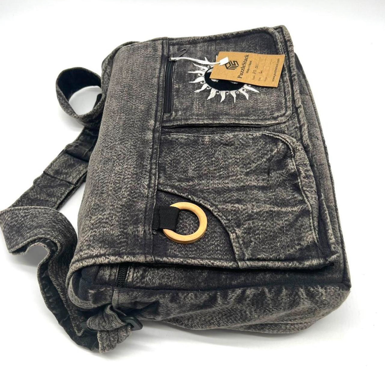 Koshi Black Stone-Washed Embroidered Laptop Messenger Bag