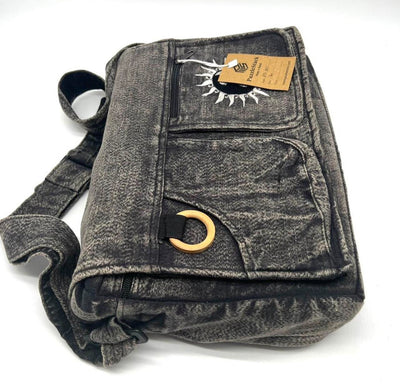 Koshi Black Stone-Washed Embroidered Laptop Messenger Bag