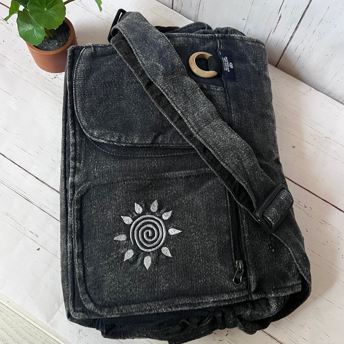 Koshi Black Stone-Washed Embroidered Laptop Messenger Bag