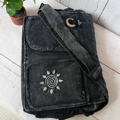 Koshi Black Stone-Washed Embroidered Laptop Messenger Bag