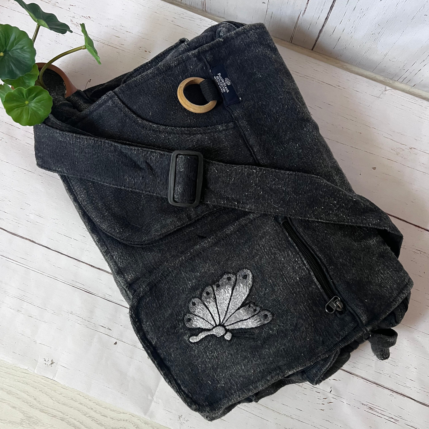 Koshi Black Stone-Washed Embroidered Laptop Messenger Bag