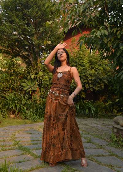 Pari Vintage Vibe Brown Top & Maxi Skirt Set