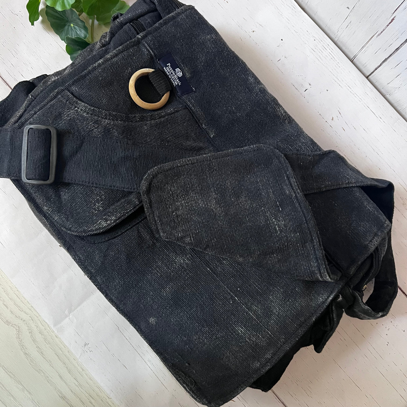 Koshi Black Stone-Washed Embroidered Laptop Messenger Bag