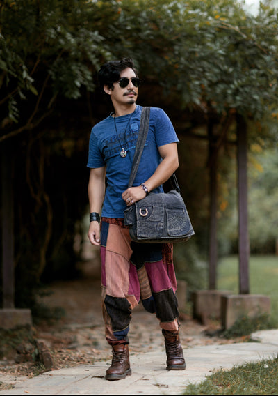 Koshi Black Stone-Washed Embroidered Laptop Messenger Bag