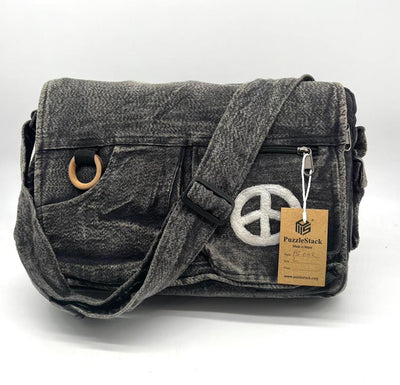 Koshi Black Stone-Washed Embroidered Laptop Messenger Bag