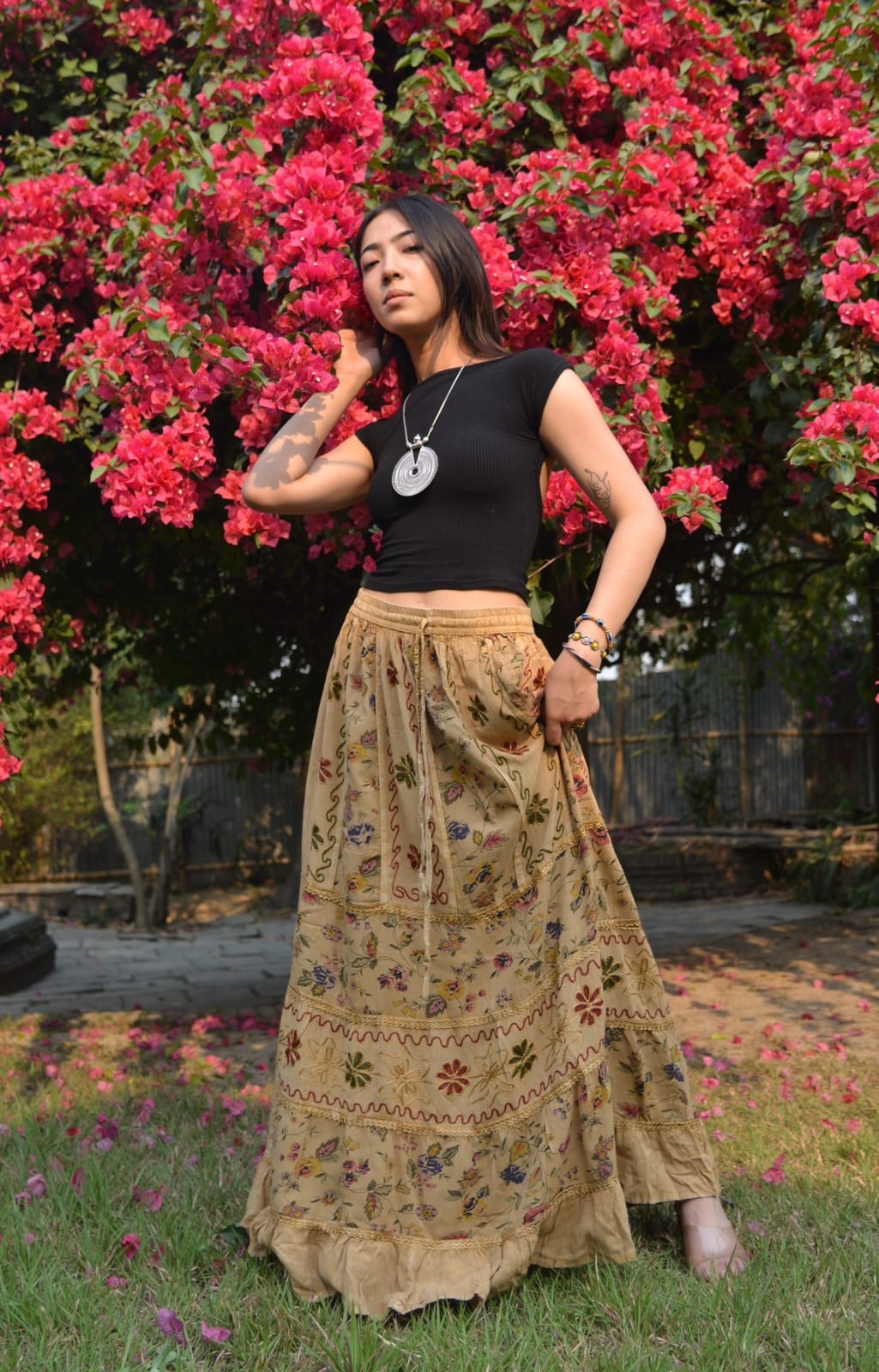 Pari Vintage Vibe Light Brown Embroidery Floral Maxi Skirt