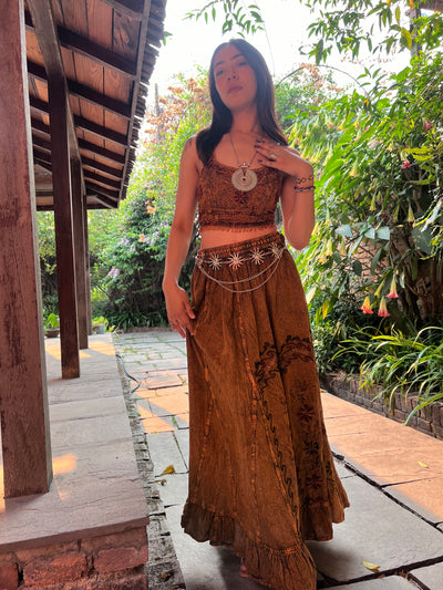 Pari Vintage Vibe Brown Top & Maxi Skirt Set