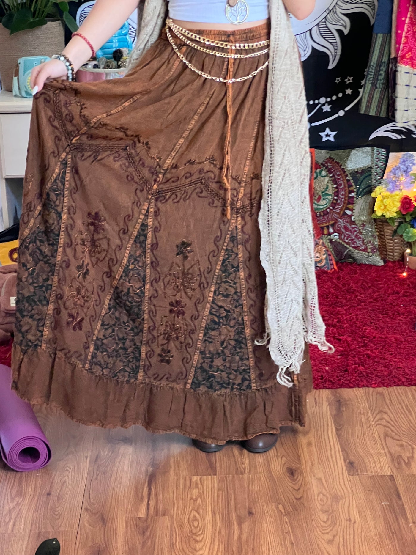 Pari Vintage Vibe Brown Embroidery Maxi Skirt
