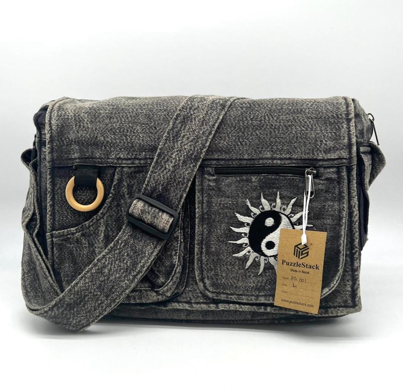 Koshi Black Stone-Washed Embroidered Laptop Messenger Bag