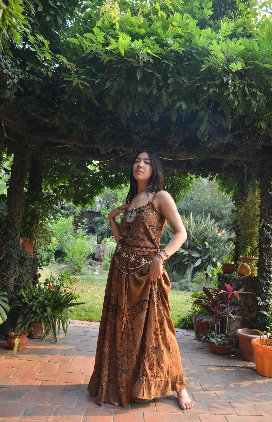 Pari Vintage Vibe Brown Top & Maxi Skirt Set