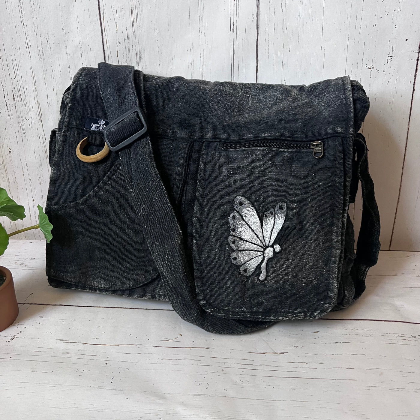 Koshi Black Stone-Washed Embroidered Laptop Messenger Bag