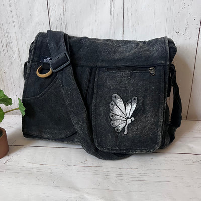 Koshi Black Stone-Washed Embroidered Laptop Messenger Bag