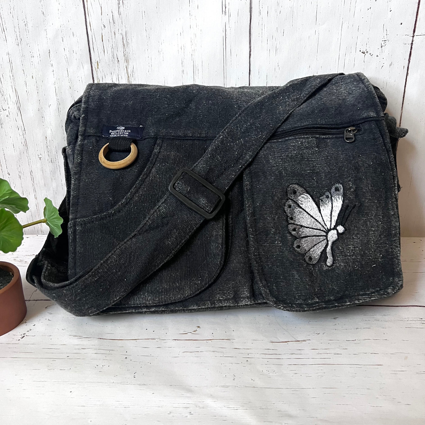 Koshi Black Stone-Washed Embroidered Laptop Messenger Bag
