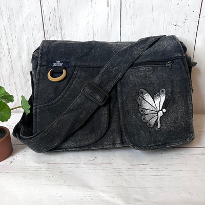 Koshi Black Stone-Washed Embroidered Laptop Messenger Bag