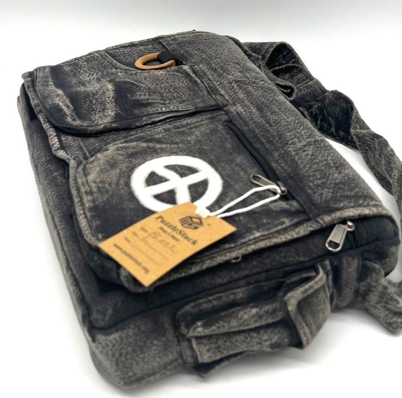 Koshi Black Stone-Washed Embroidered Laptop Messenger Bag