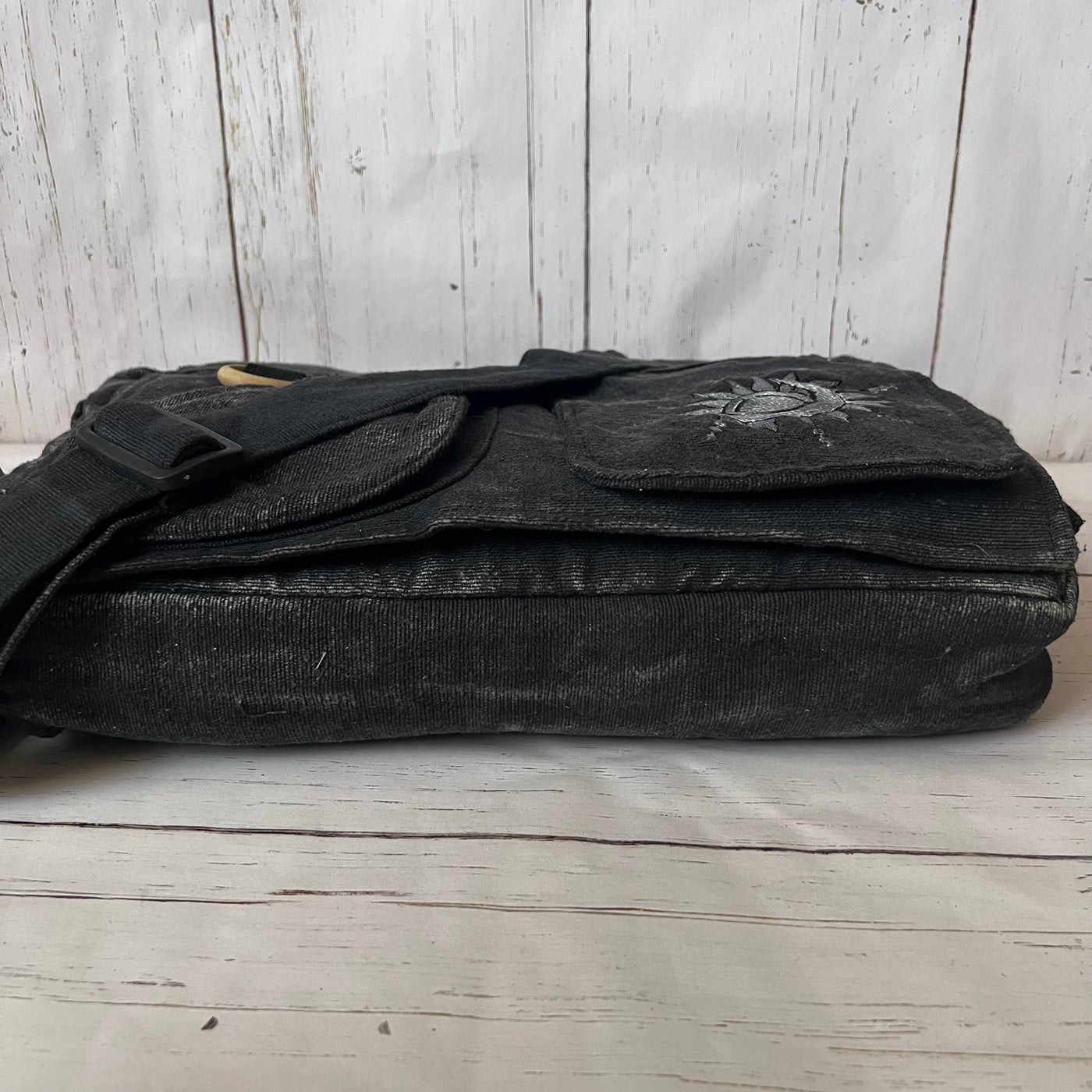 Koshi Black Stone-Washed Embroidered Laptop Messenger Bag