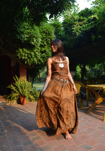 Pari Vintage Vibe Brown Top & Maxi Skirt Set