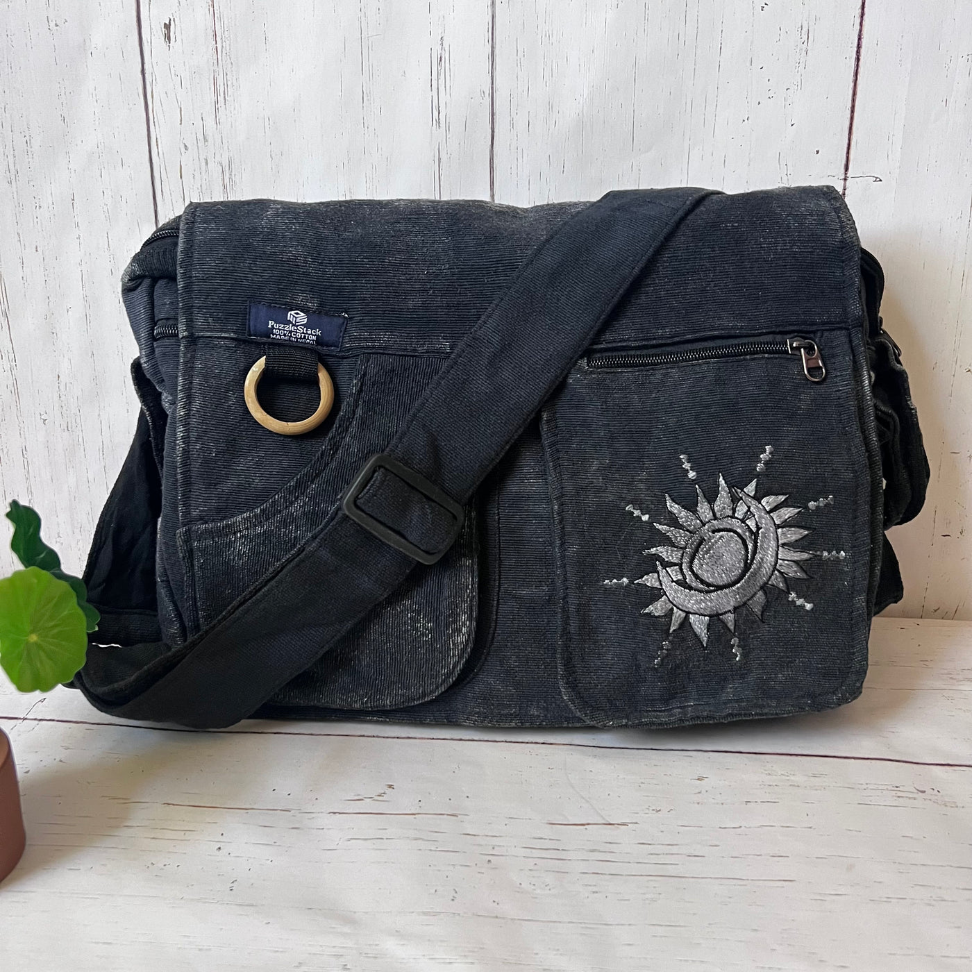 Koshi Black Stone-Washed Embroidered Laptop Messenger Bag