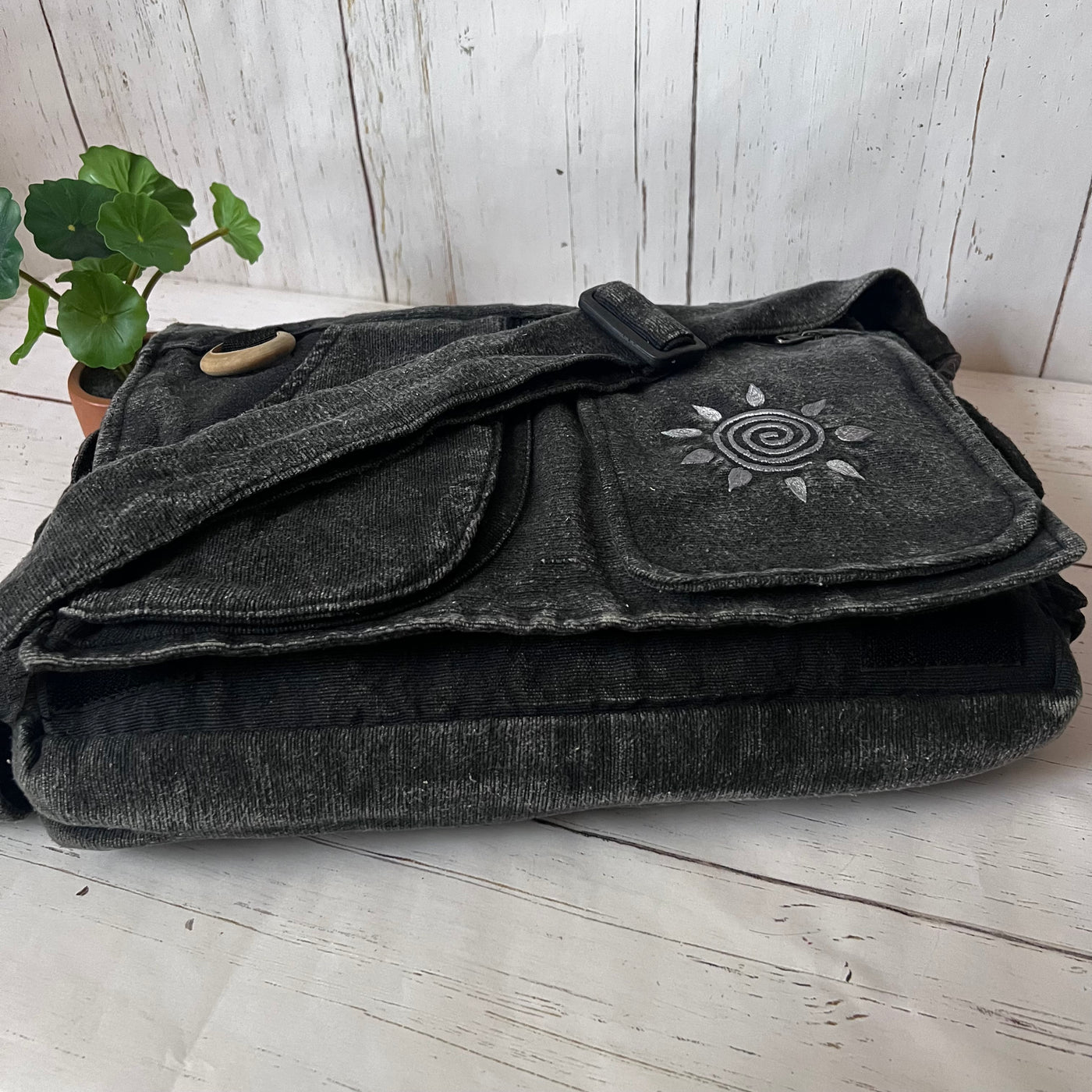 Koshi Black Stone-Washed Embroidered Laptop Messenger Bag