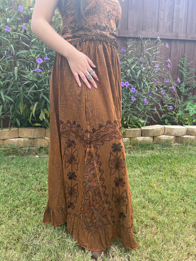 Pari Vintage Vibe Brown Embroidery Maxi Skirt