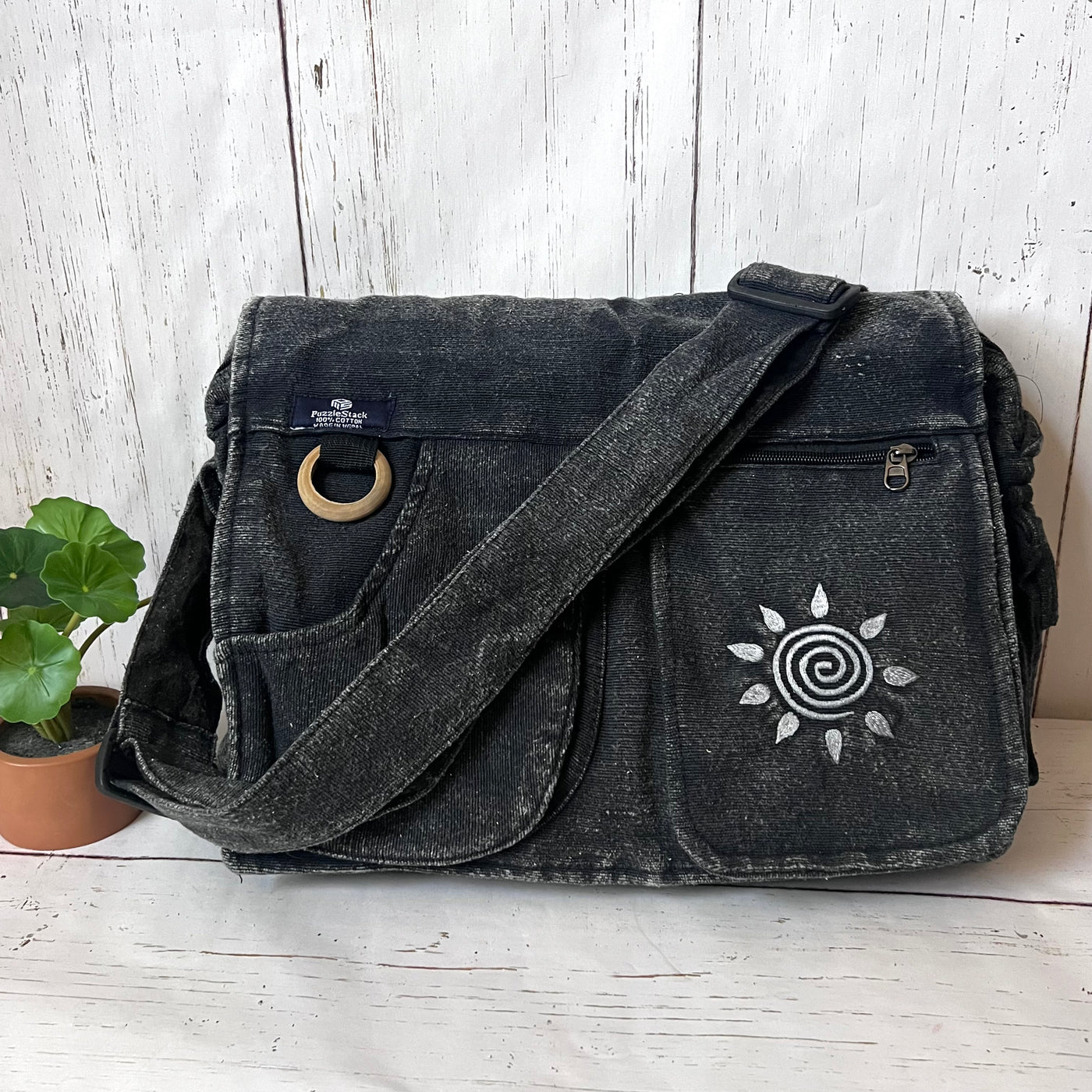 Koshi Black Stone-Washed Embroidered Laptop Messenger Bag
