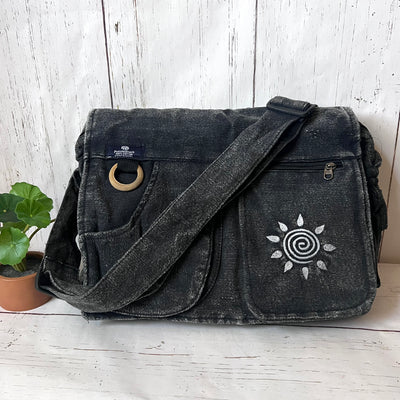 Koshi Black Stone-Washed Embroidered Laptop Messenger Bag