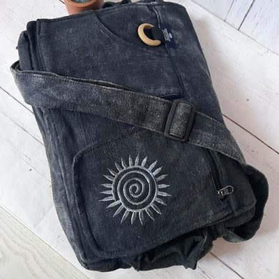 Koshi Black Stone-Washed Embroidered Laptop Messenger Bag