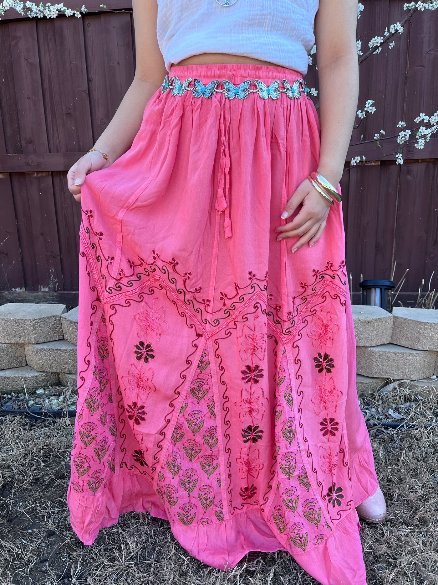 Pari Vintage Vibe Pink Embroidery Maxi Skirt