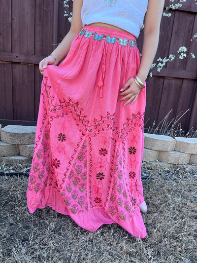Pari Vintage Vibe Pink Embroidery Maxi Skirt