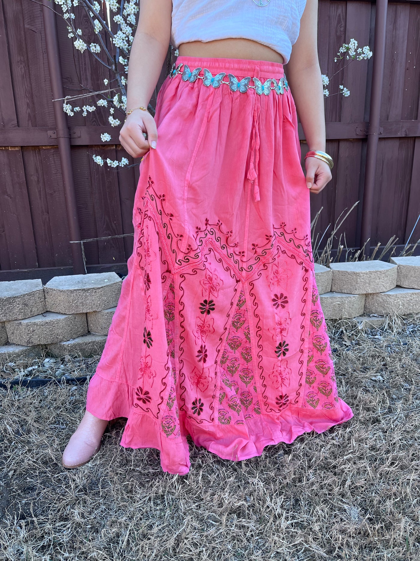 Pari Vintage Vibe Pink Embroidery Maxi Skirt