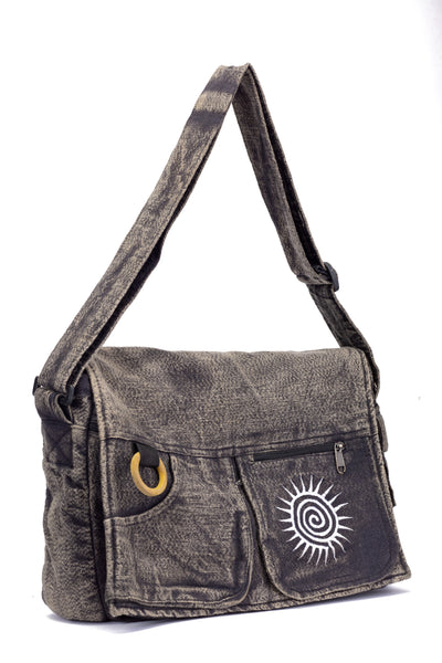 Koshi Black Stone-Washed Embroidered Laptop Messenger Bag