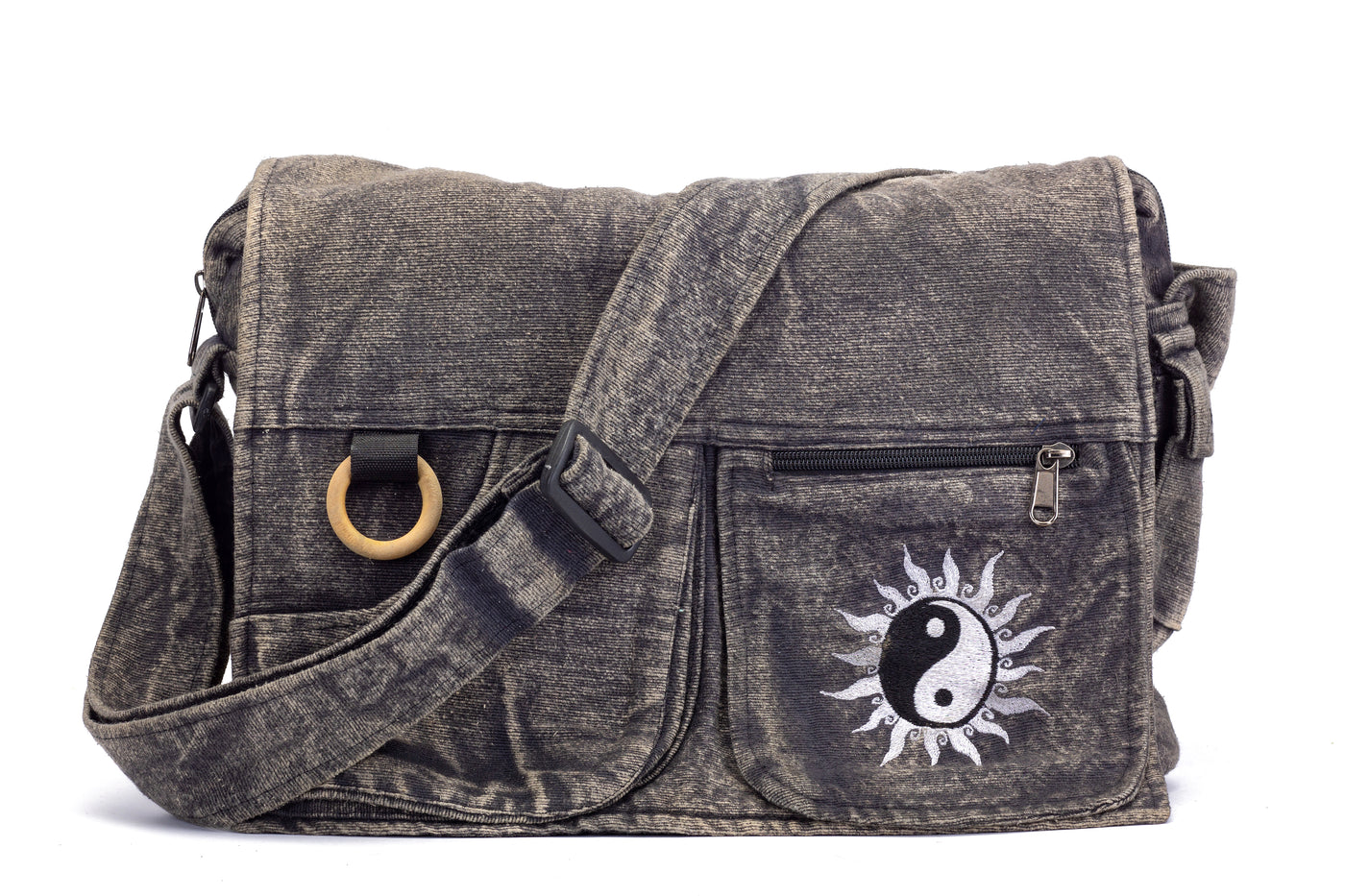 Koshi Black Stone-Washed Embroidered Laptop Messenger Bag