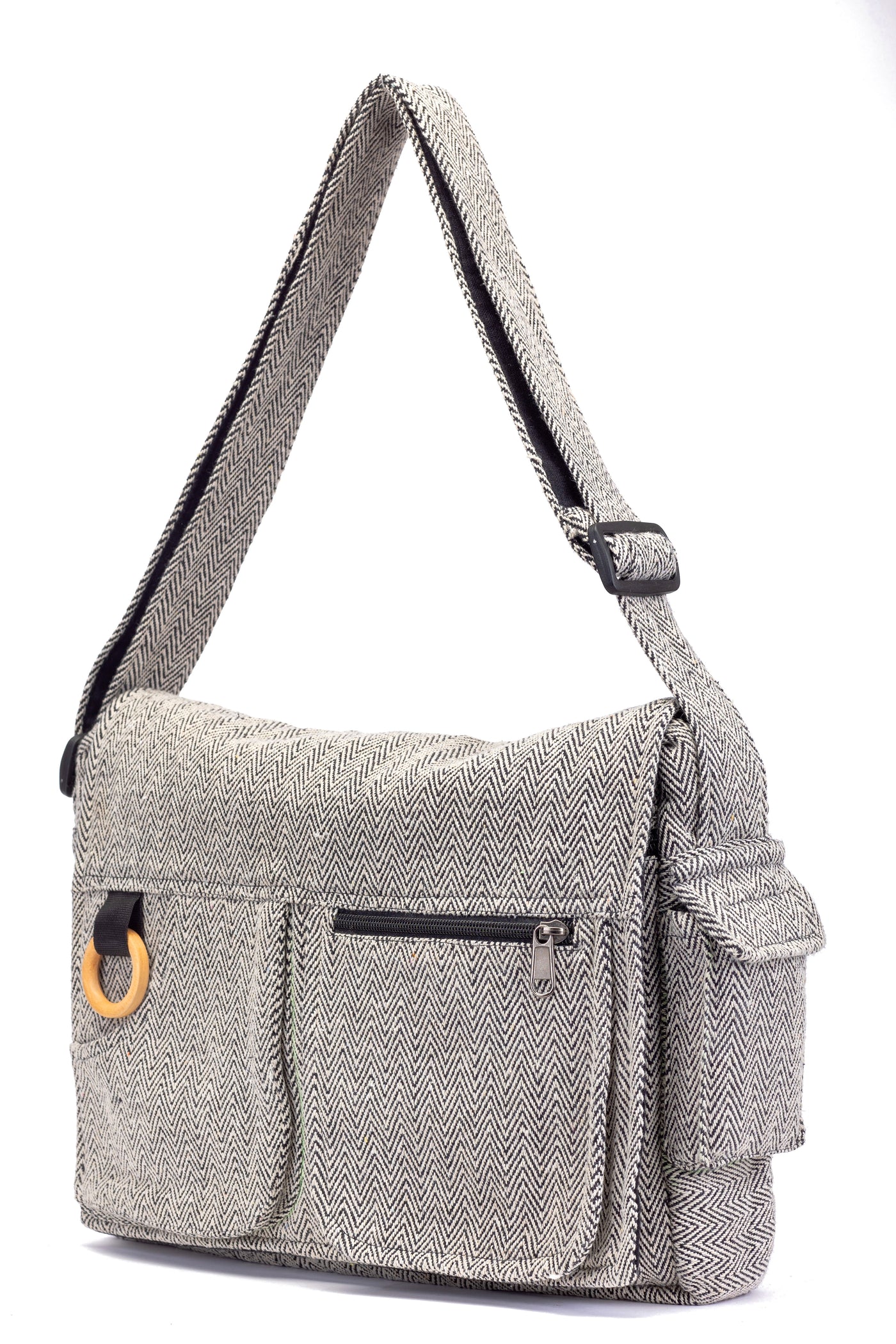 handmade cotton messenge laptop bag grey and black fishbone pattern fabric