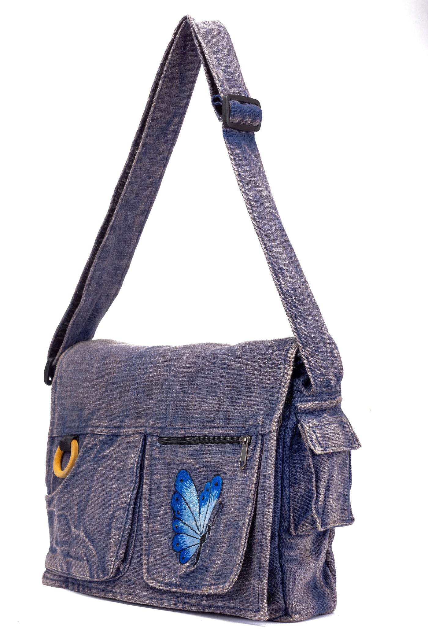Koshi Blue Stone-Washed Embroidered Laptop Messenger Bag