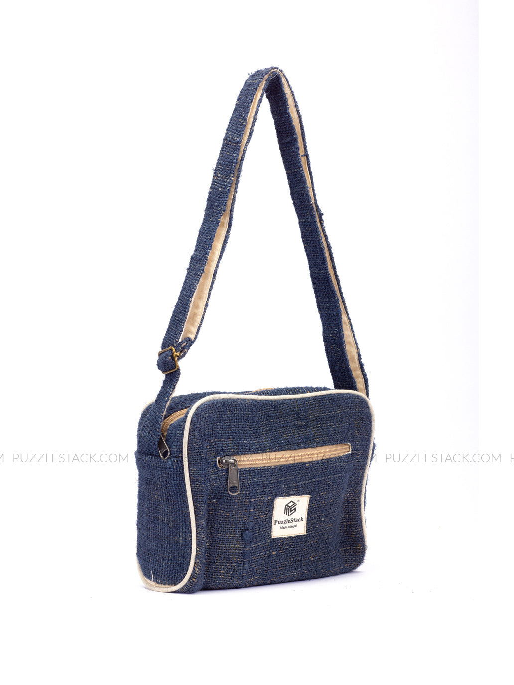 handmade pure hemp crossbody bag with cotton lining blue color