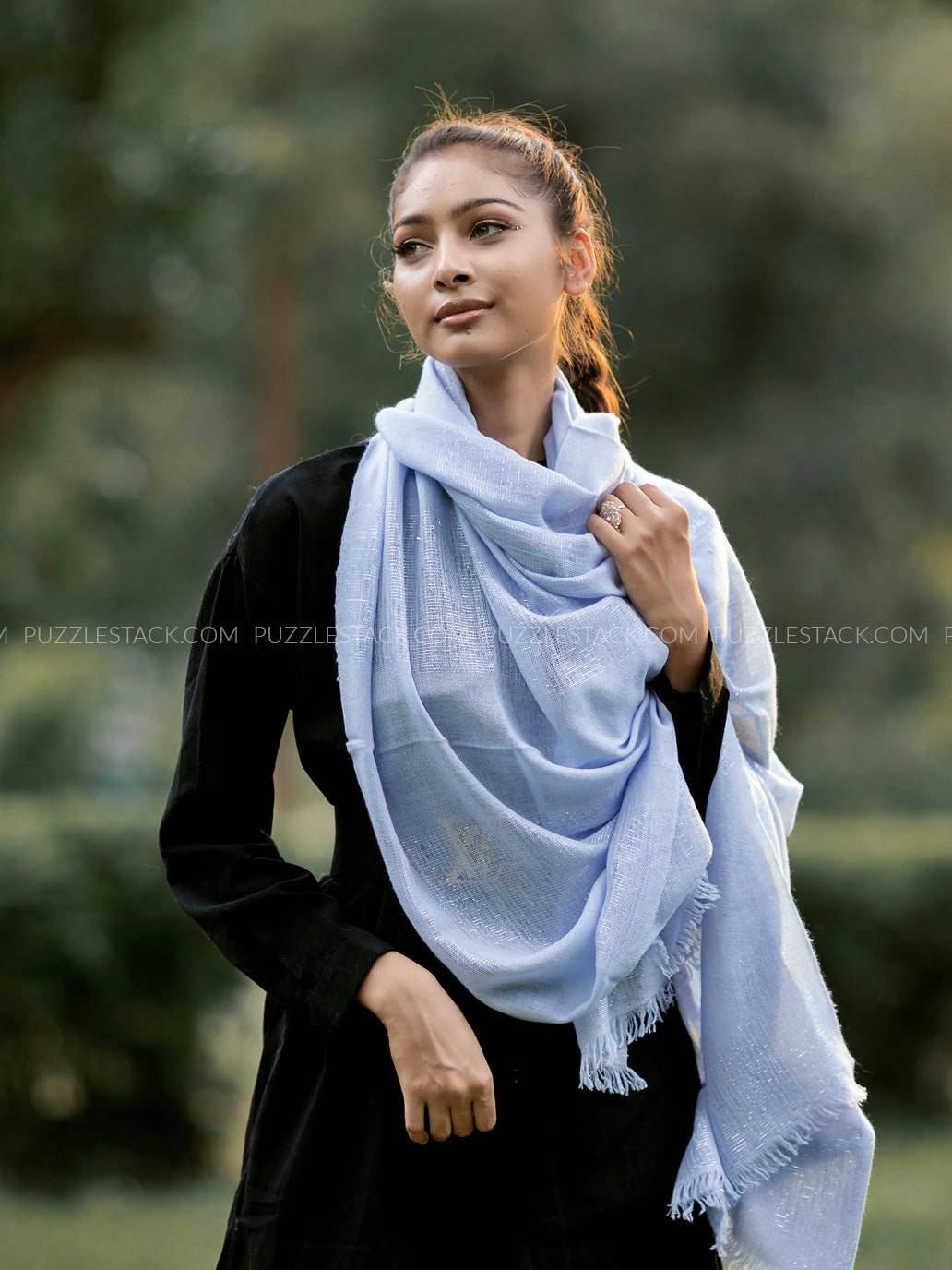 Soft baby blue pashmina shawl lightweight with a glamourous shine