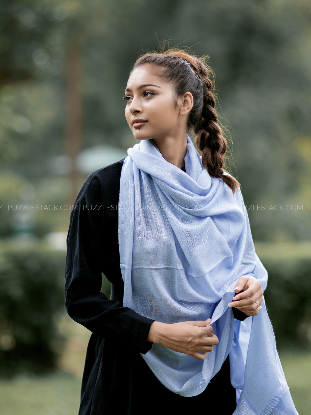 Soft baby blue pashmina shawl lightweight with a glamourous shine